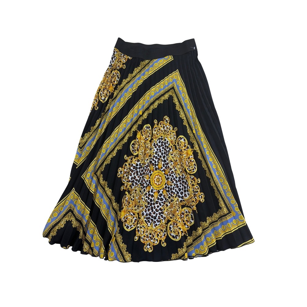 Sandro Ferrone Roma Pleated Midi Skirt Baroque Leopard Print Gold Black IT 42